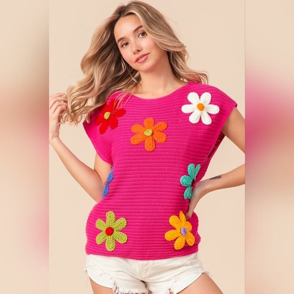 BiBi Tops - BiBi Flower Round Neck Cap Sleeve Knit Top